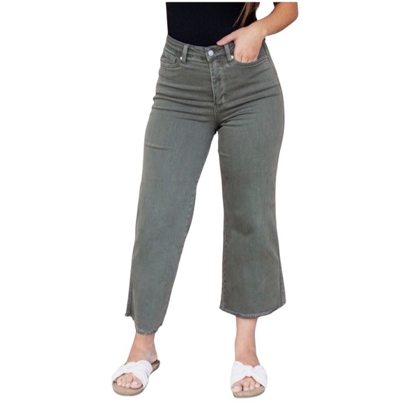 Judy Blue Wide Leg Crop High Waist Tummy Control JEANS Sz 5 olive green cropped - Picture 1 of 12